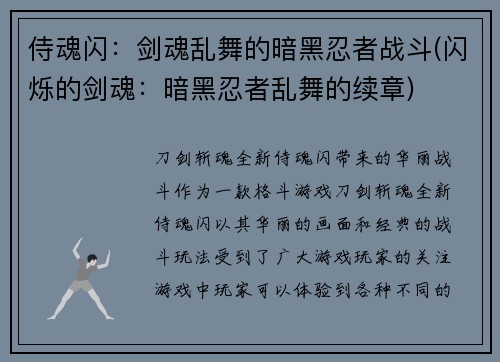 侍魂闪：剑魂乱舞的暗黑忍者战斗(闪烁的剑魂：暗黑忍者乱舞的续章)